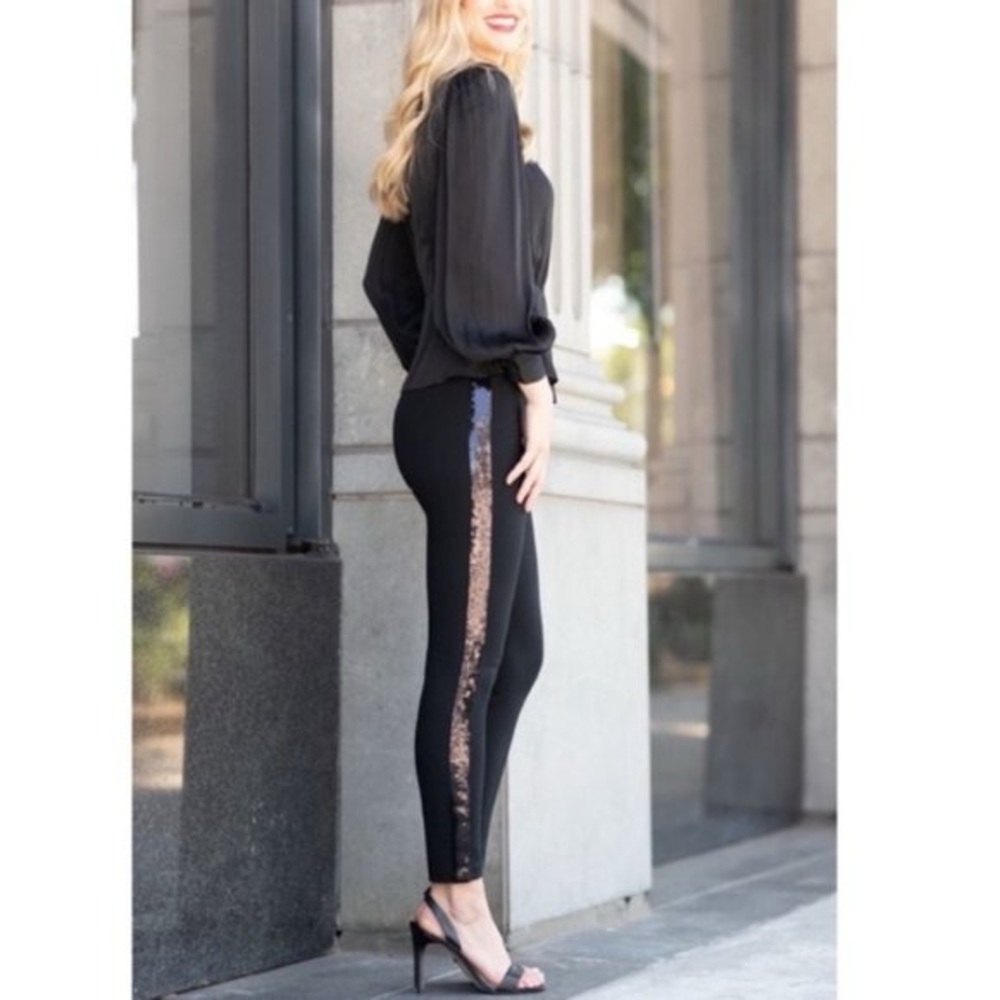 SPANX NWT Black Sequin-Trim Ponte Leggings - Women SIZE S - Picture 2 of 7